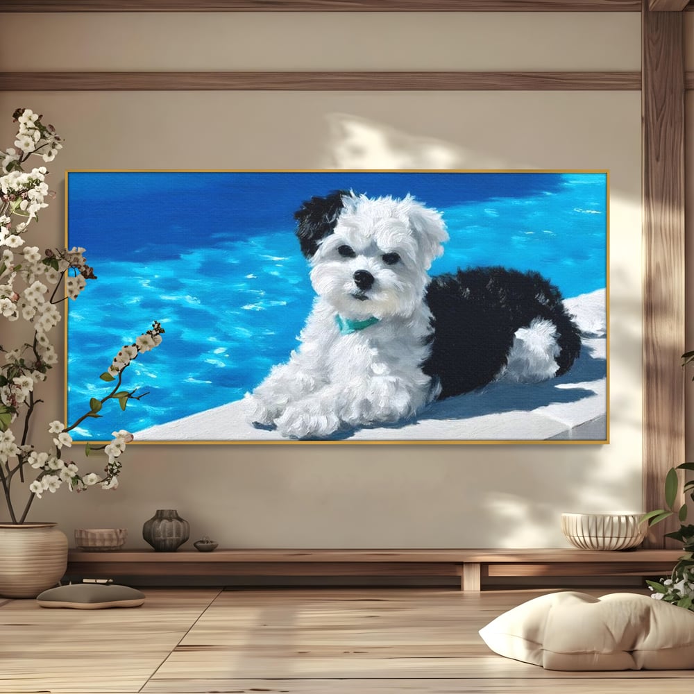 Tablou canvas cu pictura cu catel pufos langa piscina, in rama de aluminiu auriu
